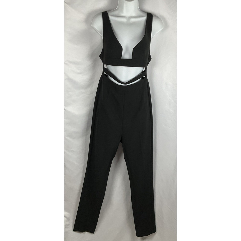 Vannae Women's Small Black Jumpsuit Cutout Gold Buckle Taper Leg Clubwear V Neck